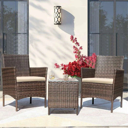 Brown and Beige Lightweight 3-Piece Rattan Outdoor Seating Set with Cushions..