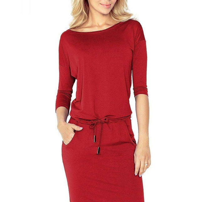 Burgundy 3/4 Sleeve Sporty Chic Dress by Numoco