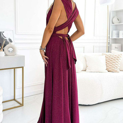 Burgundy Brocade Maxi Dress with Versatile Styling Options - Très Elite