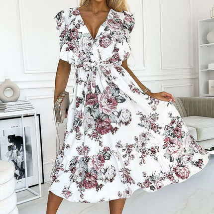 Burgundy Floral Midi Dress with Elegant Envelope Neckline and Ruffled Shoulders