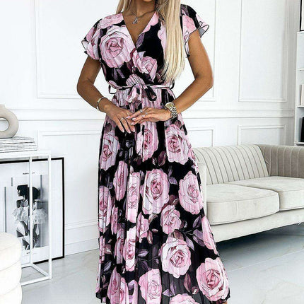 Burgundy Floral Ruffle Midi Dress by Numoco - Très Elite
