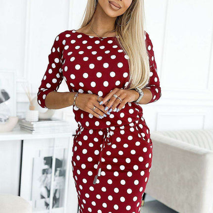 Burgundy Polka Dot Day Dress with Elegant Boat Neck and Functional Pockets - Très Elite