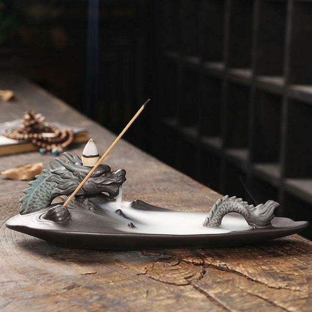 Majestic Dragon River Backflow Incense Fountain - Artisan Purple Sand Craft