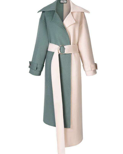 Elegant Retro Patchwork Wool Overcoat with Stylish Lace-up Details for Trendsetting Women