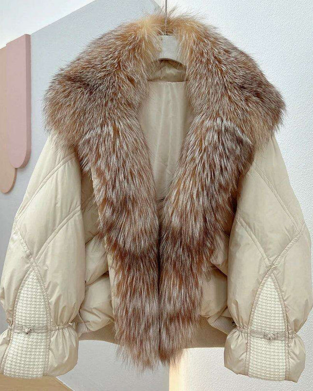 Elegant White Down Puffer Coat with Luxurious Silver Fox Fur Collar - Women's Winter Fashion Statement