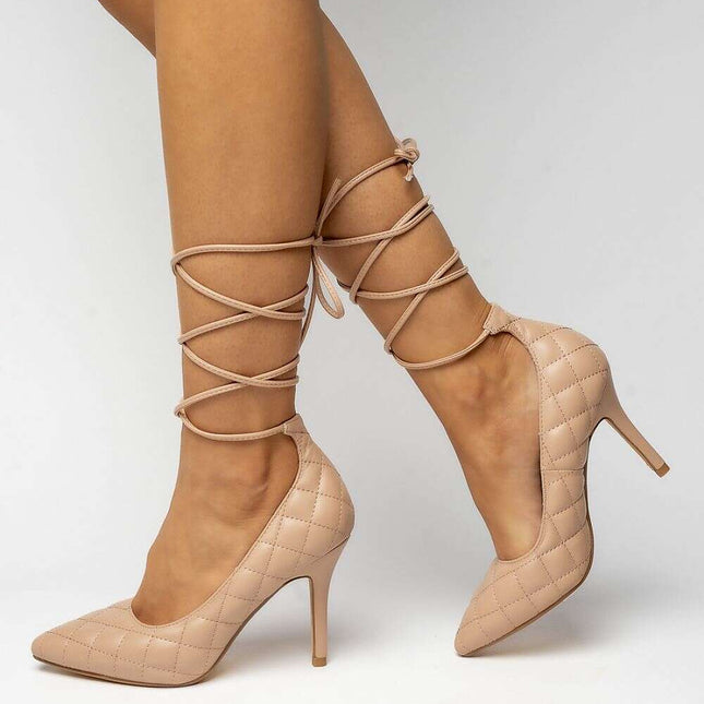 CORA Nude Quilted High Heels – Elegant Ankle Tie Stiletto