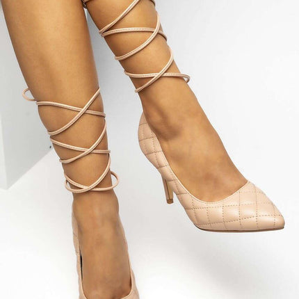 CORA Nude Quilted High Heels – Elegant Ankle Tie Stiletto - Très Elite