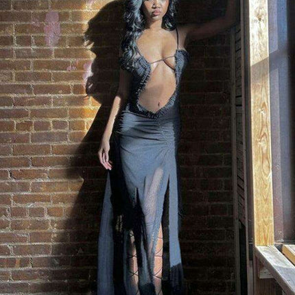 Captivating Backless Halter Dress with Unique Digital Print and Elegant Hollow Accents - Très Elite