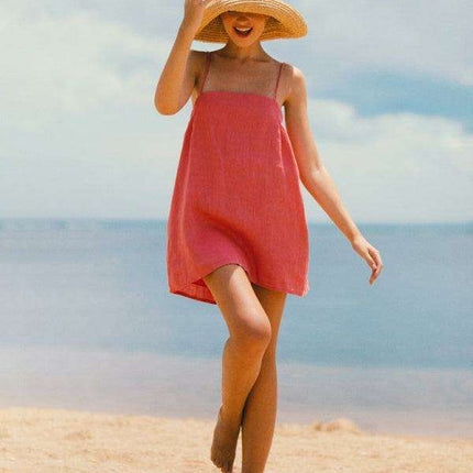 Carefree Getaway Glam: Breezy Cotton Linen Suspender Dress for Effortless Travel Style - Très Elite