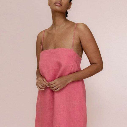 Carefree Getaway Glam: Breezy Cotton Linen Suspender Dress for Effortless Travel Style - Très Elite