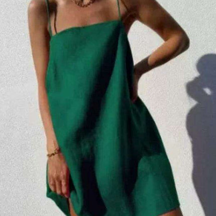 Carefree Getaway Glam: Breezy Cotton Linen Suspender Dress for Effortless Travel Style - Très Elite