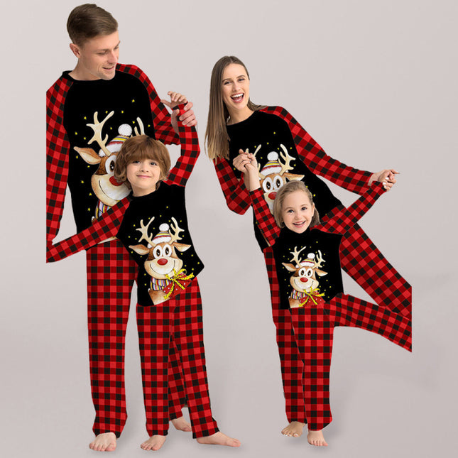 Cartoon deer plaid Christmas parent-child printed housewear pajamas..