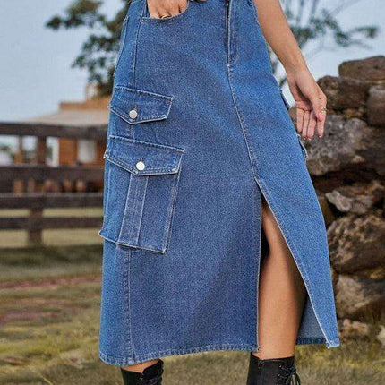 Casual Cargo Midi Denim Skirt with Elastic Waist and Flap Pocket - Très Elite