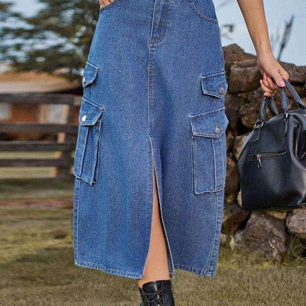 Casual Cargo Midi Denim Skirt with Elastic Waist and Flap Pocket - Très Elite