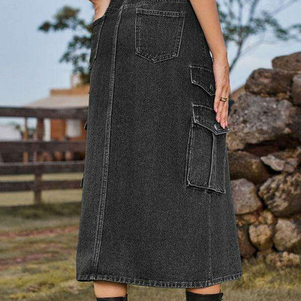 Casual Cargo Midi Denim Skirt with Elastic Waist and Flap Pocket - Très Elite