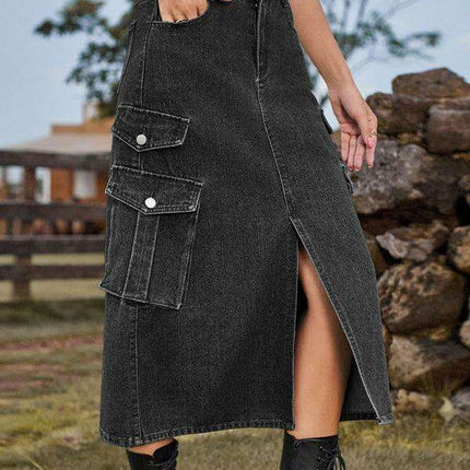Casual Cargo Midi Denim Skirt with Elastic Waist and Flap Pocket - Très Elite