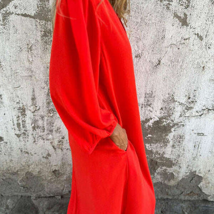 Casual loose V-neck solid color women's lantern sleeve dress - Très Elite