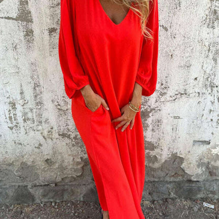Casual loose V-neck solid color women's lantern sleeve dress - Très Elite