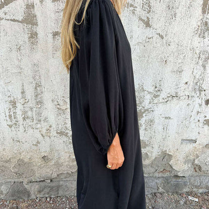 Casual loose V-neck solid color women's lantern sleeve dress - Très Elite