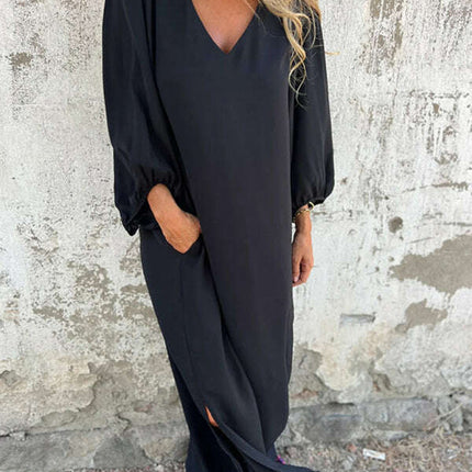 Casual loose V-neck solid color women's lantern sleeve dress - Très Elite