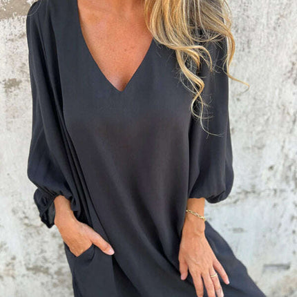 Casual loose V-neck solid color women's lantern sleeve dress - Très Elite