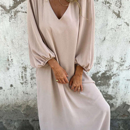 Casual loose V-neck solid color women's lantern sleeve dress - Très Elite