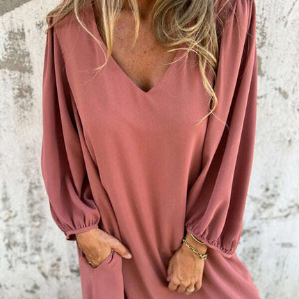 Casual loose V-neck solid color women's lantern sleeve dress - Très Elite
