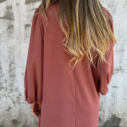 Casual loose V-neck solid color women's lantern sleeve dress - Très Elite