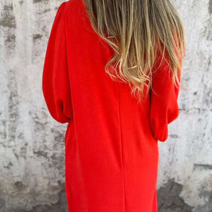 Casual loose V-neck solid color women's lantern sleeve dress - Très Elite