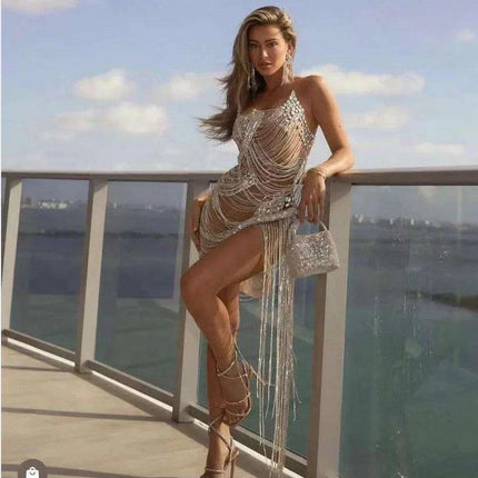 Celestial Elegance Strapless Mini Dress with Dance-Ready Tassels