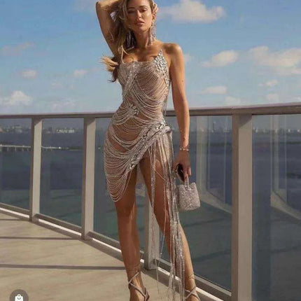 Celestial Elegance Strapless Mini Dress with Dance-Ready Tassels