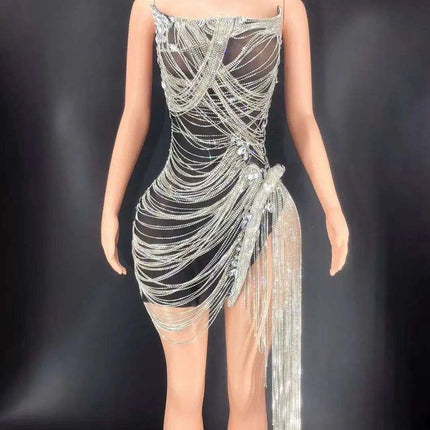 Celestial Elegance Strapless Mini Dress with Dance-Ready Tassels