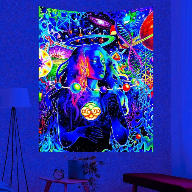 Celestial Enchantment Cosmic Wall Tapestry - Luminous Black Light Art for Celestial Harmony