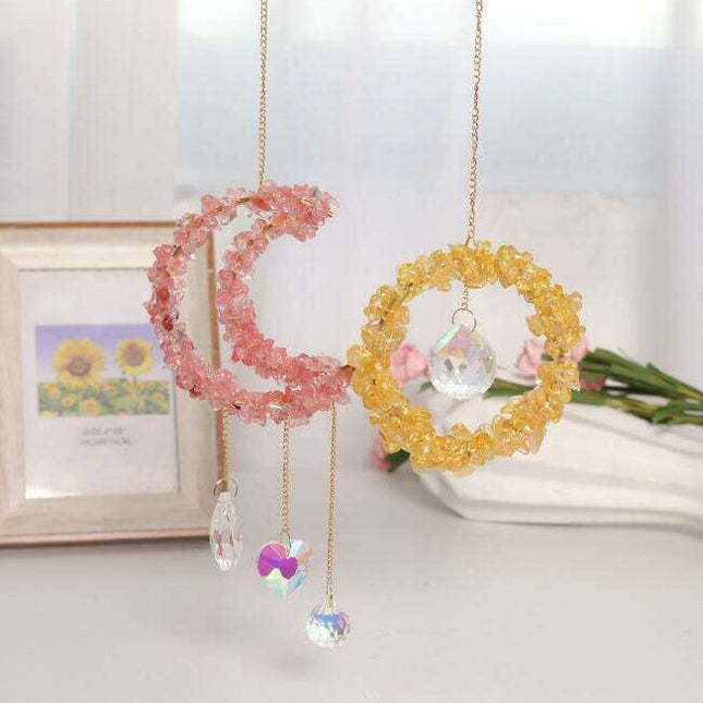 Celestial Harmony: Enchanting Moon and Sun Crystal Pendant with Colorful Bead Accents