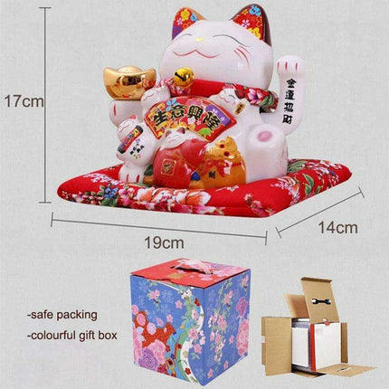 Ceramic 7.5-Inch Maneki Neko Cat Figurine with Swinging Arm for Attracting Abundance and Good Fortune - Très Elite
