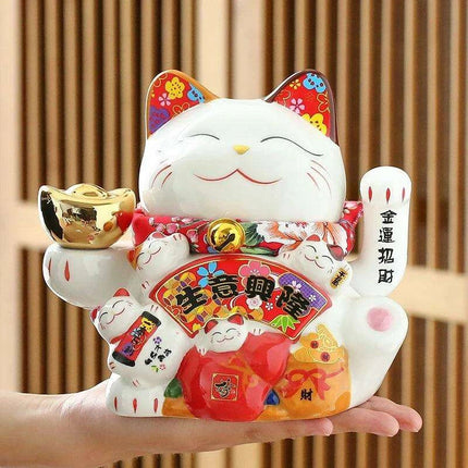 Ceramic 7.5-Inch Maneki Neko Cat Figurine with Swinging Arm for Attracting Abundance and Good Fortune - Très Elite