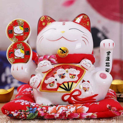 Ceramic 7.5-Inch Maneki Neko Cat Figurine with Swinging Arm for Attracting Abundance and Good Fortune - Très Elite
