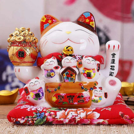 Ceramic 7.5-Inch Maneki Neko Cat Figurine with Swinging Arm for Attracting Abundance and Good Fortune - Très Elite