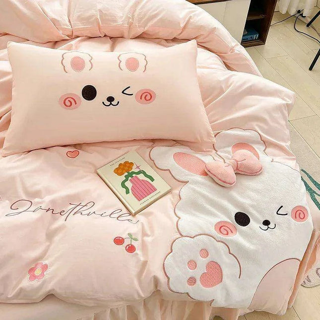 Charming 100% Cotton Pink Rabbit Applique Bedding Set - Duvet Cover, Fitted Sheet, Bed Skirt, and Pillowcases
