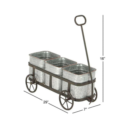 Charming 29" Rustic Wagon Planter with Galvanized Iron Pots - Très Elite