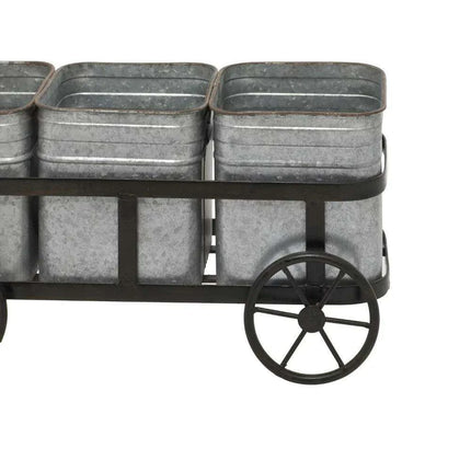 Charming 29" Rustic Wagon Planter with Galvanized Iron Pots - Très Elite