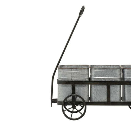Charming 29" Rustic Wagon Planter with Galvanized Iron Pots - Très Elite