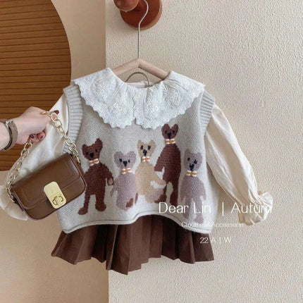 Charming 3-Piece Girls' Outfit Set: Knitted Vest, Lace Collar Blouse, and Pleated Skirt for Infants - Très Elite