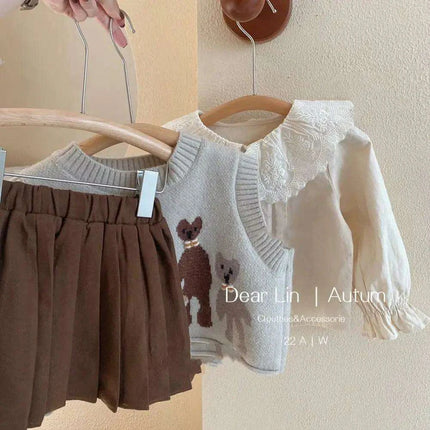 Charming 3-Piece Girls' Outfit Set: Knitted Vest, Lace Collar Blouse, and Pleated Skirt for Infants - Très Elite