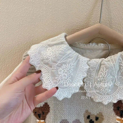 Charming 3-Piece Girls' Outfit Set: Knitted Vest, Lace Collar Blouse, and Pleated Skirt for Infants - Très Elite