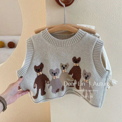 Charming 3-Piece Girls' Outfit Set: Knitted Vest, Lace Collar Blouse, and Pleated Skirt for Infants - Très Elite