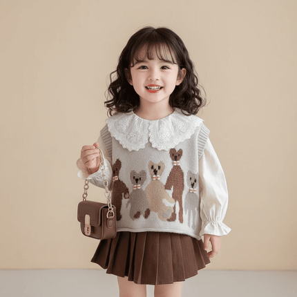 Charming 3-Piece Girls' Outfit Set: Knitted Vest, Lace Collar Blouse, and Pleated Skirt for Infants - Très Elite