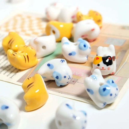 Charming Anime-Inspired Lucky Cat Ceramic Beads for Creative Jewelry Projects - 15x21mm Porcelain Essentials with Vertical Hole - Très Elite