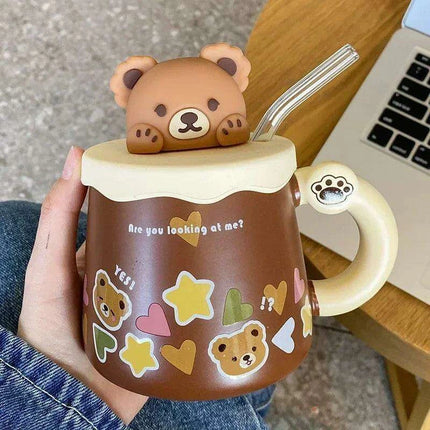 Charming Bear Ceramic Mug Set with Lid and Spoon - 450ml for Enhanced Beverage Enjoyment - Très Elite