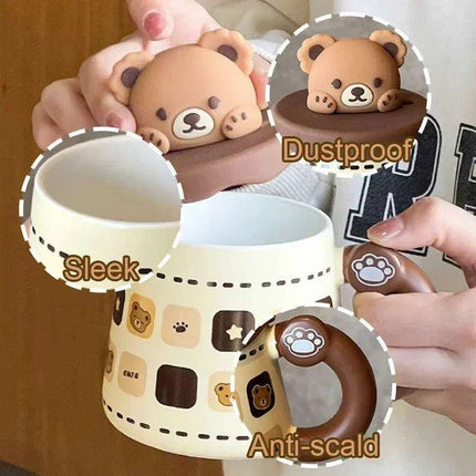 Charming Bear Ceramic Mug Set with Lid and Spoon - 450ml for Enhanced Beverage Enjoyment - Très Elite